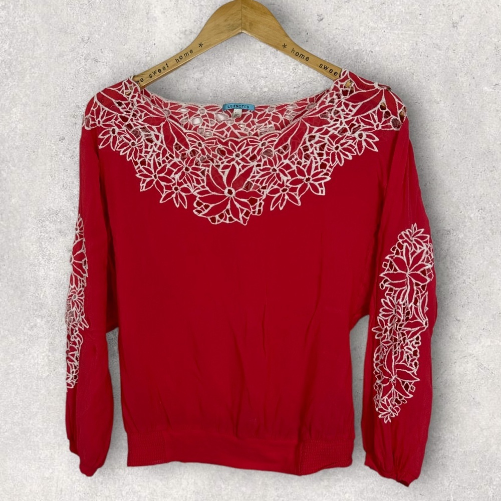 Anthropologie Coral Red Lazer Cut Out Bohemian Blouse Oversized Boho Size 2 Top